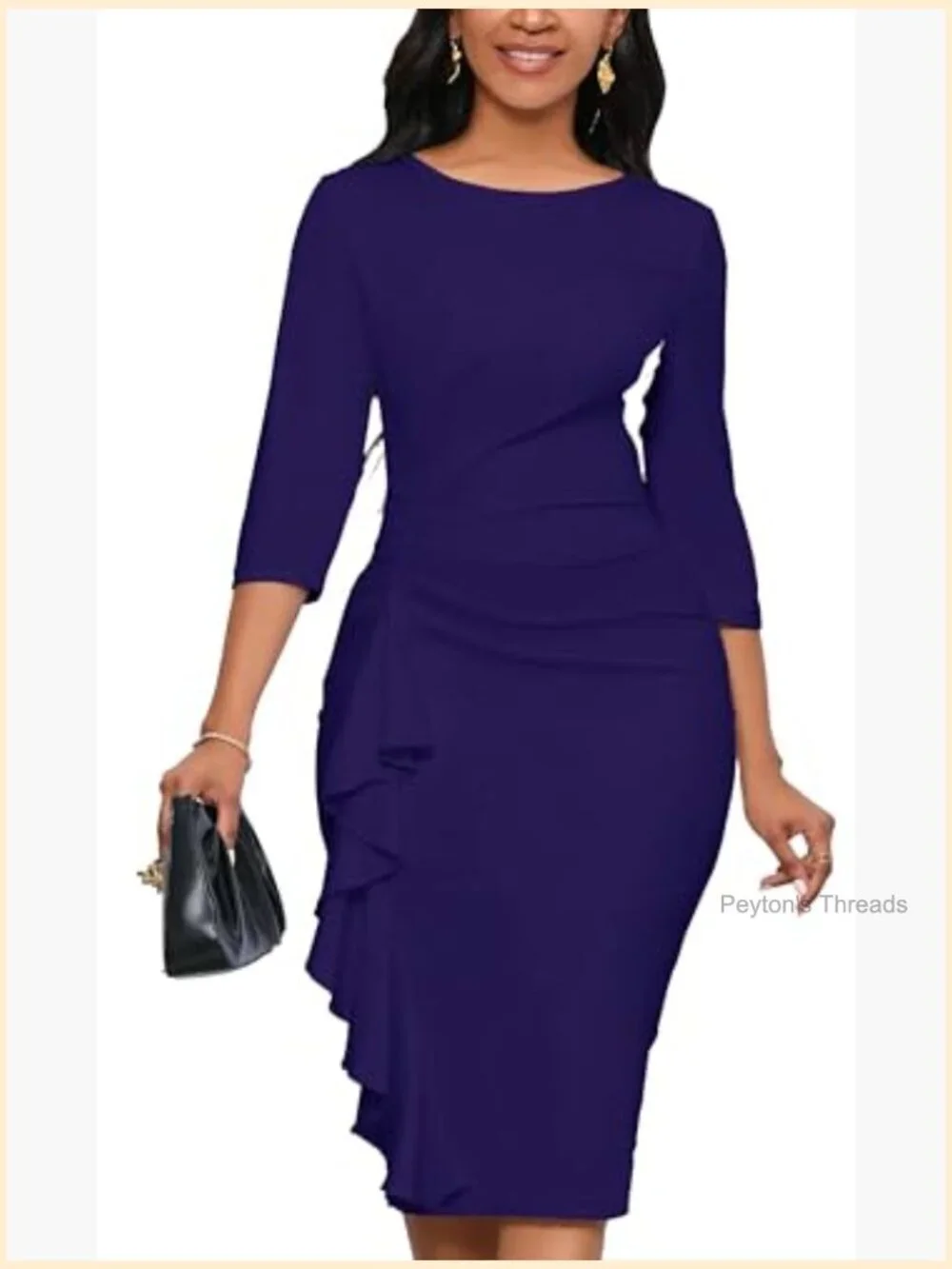 3/4 Sleeve Ruffle Bodycon Pencil Midi Dress for Work Church